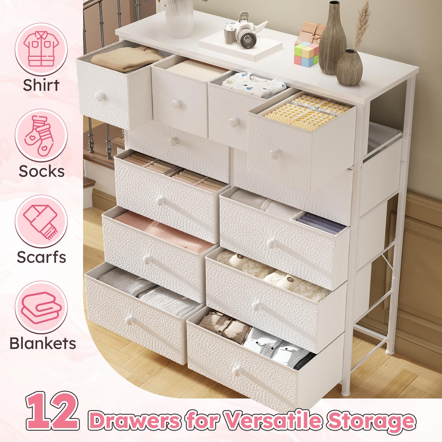 Dresser for Bedroom with 12 Drawers Tall Dressers for Bedroom Fabric Dressers & Chest of Drawers with Sturdy Metal Frame, Wood Top, for Girls, Closet, 40.6" W x 11.8" D x 44.5" H (White)