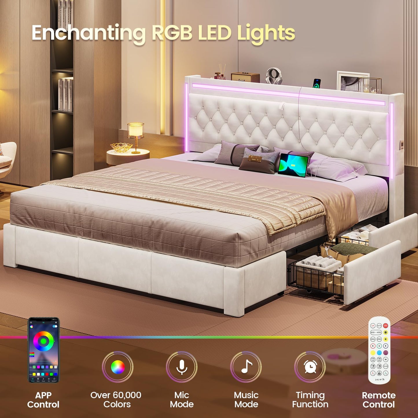 BTHFST King Upholstered LED Bed Frame with 5 Drawers, Velvet Hidden Storage Headboard with Charging Station, Button Tufted Headboard and Heavy Duty Metal Slats Support, No Box Spring Needed, Beige