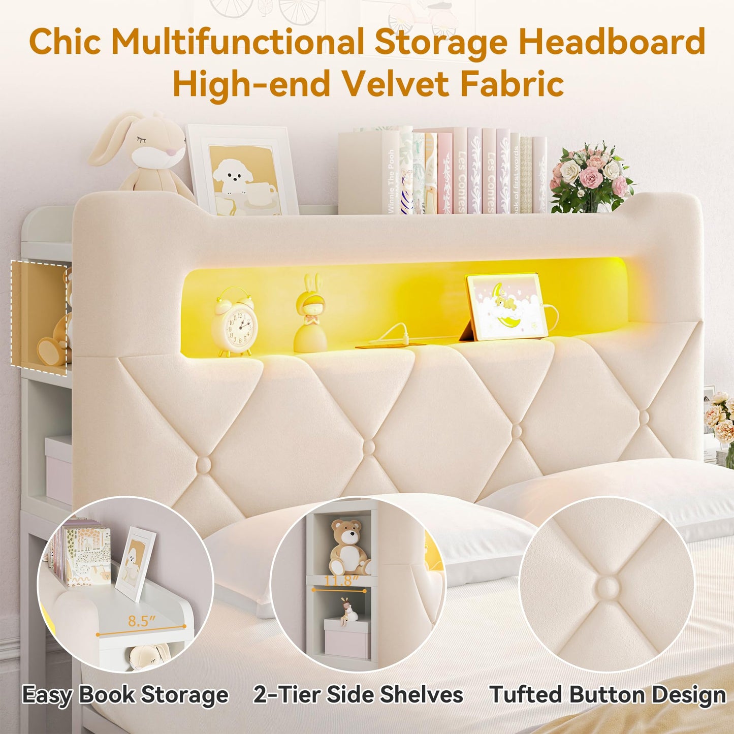 Full Upholstered LED Bed Frame with 2 Storage Drawers and 2-Tier Storage Headboard, Velvet Princess Platform Bed with Charging Station & Bookcase,Heavy Duty Metal Support,No Box Spring Needed,Beige