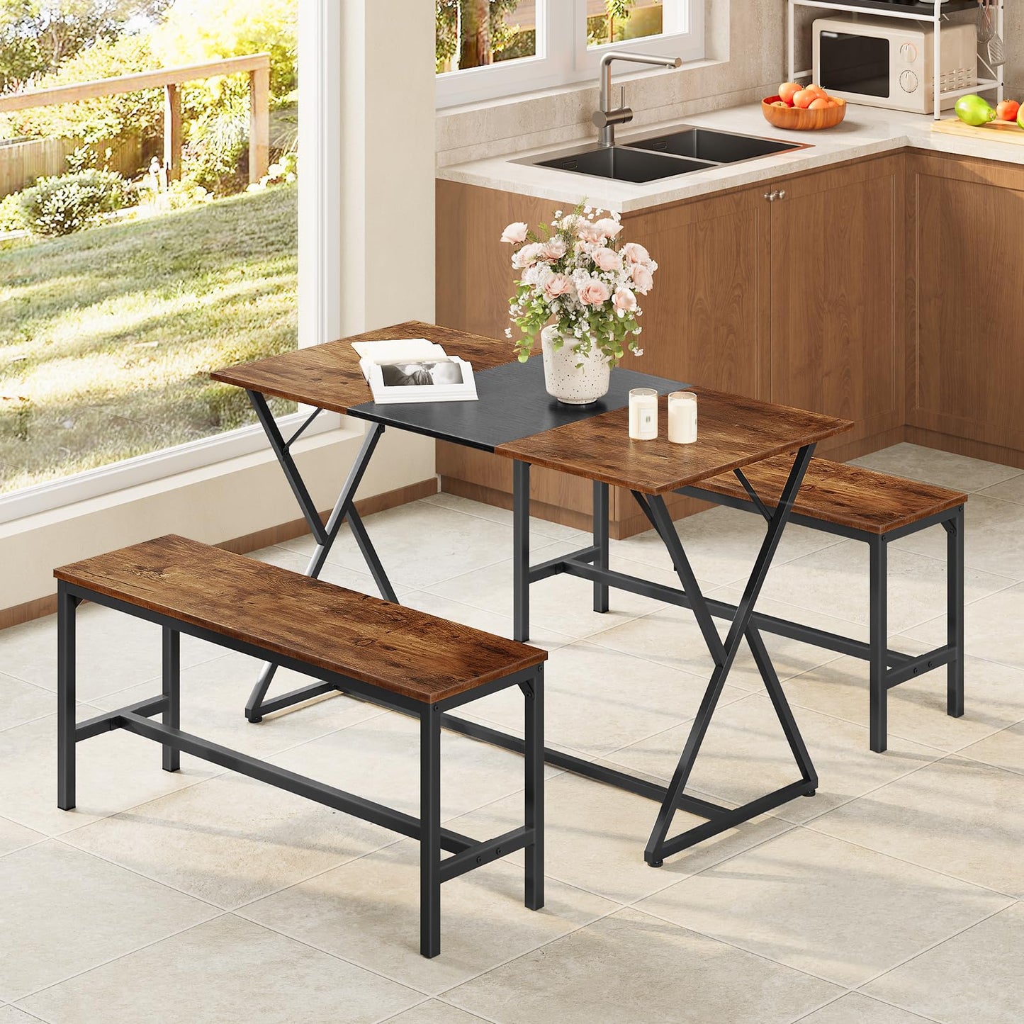 HOOBRO Dining Benches, Pair of 2 Industrial Kitchen Table Benches, Wooden Indoor Benches, Durable and Stable, for Dining Room, Kitchen, Living Room, Bedroom, Rustic Brown BF02CD01