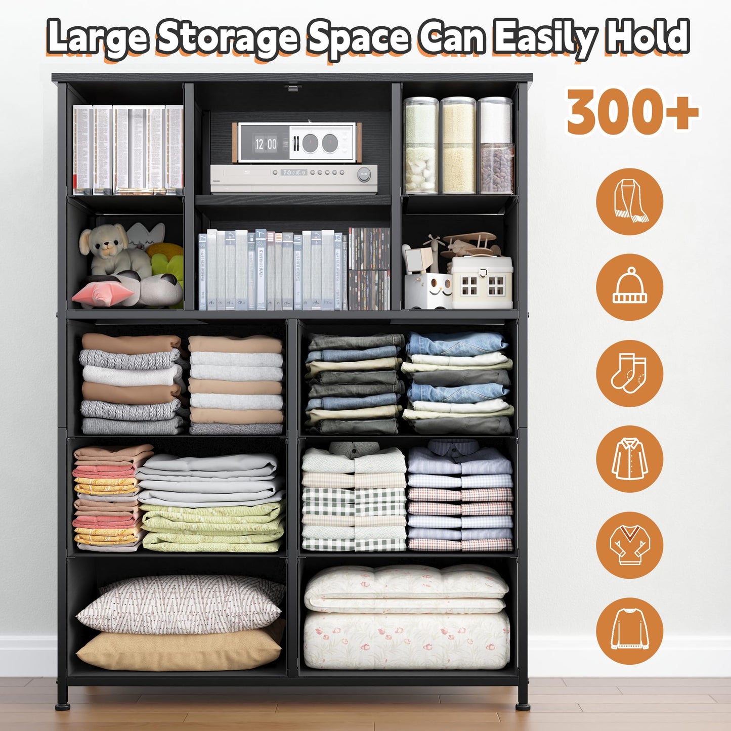 Dresser for Bedroom with Mesh Door Black Dressers & Chests of Drawers Tall Dresser with 10 Fabric Drawers, Metal Frame, Wood Top, for Closet, Entryway, 48.1" Hx38 Wx11.81 D