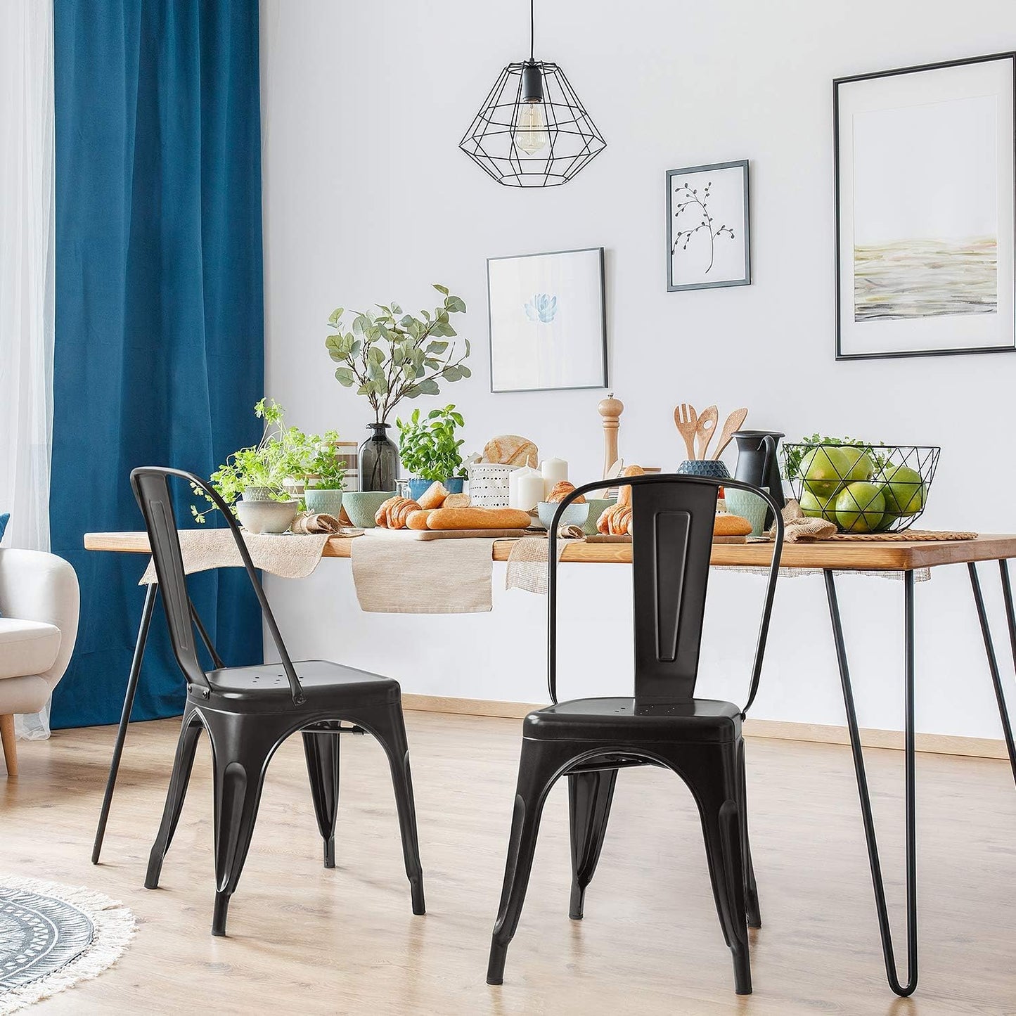 YOUNIKE Metal Dining Chairs Set of 4 Iron Stackable Removable Back Cafe Side Patio Chairs Rubber Feet Stylish Modern Indoor Outdoor Classic Chic Industrial Vintage Bistro Kitchen Matte Black