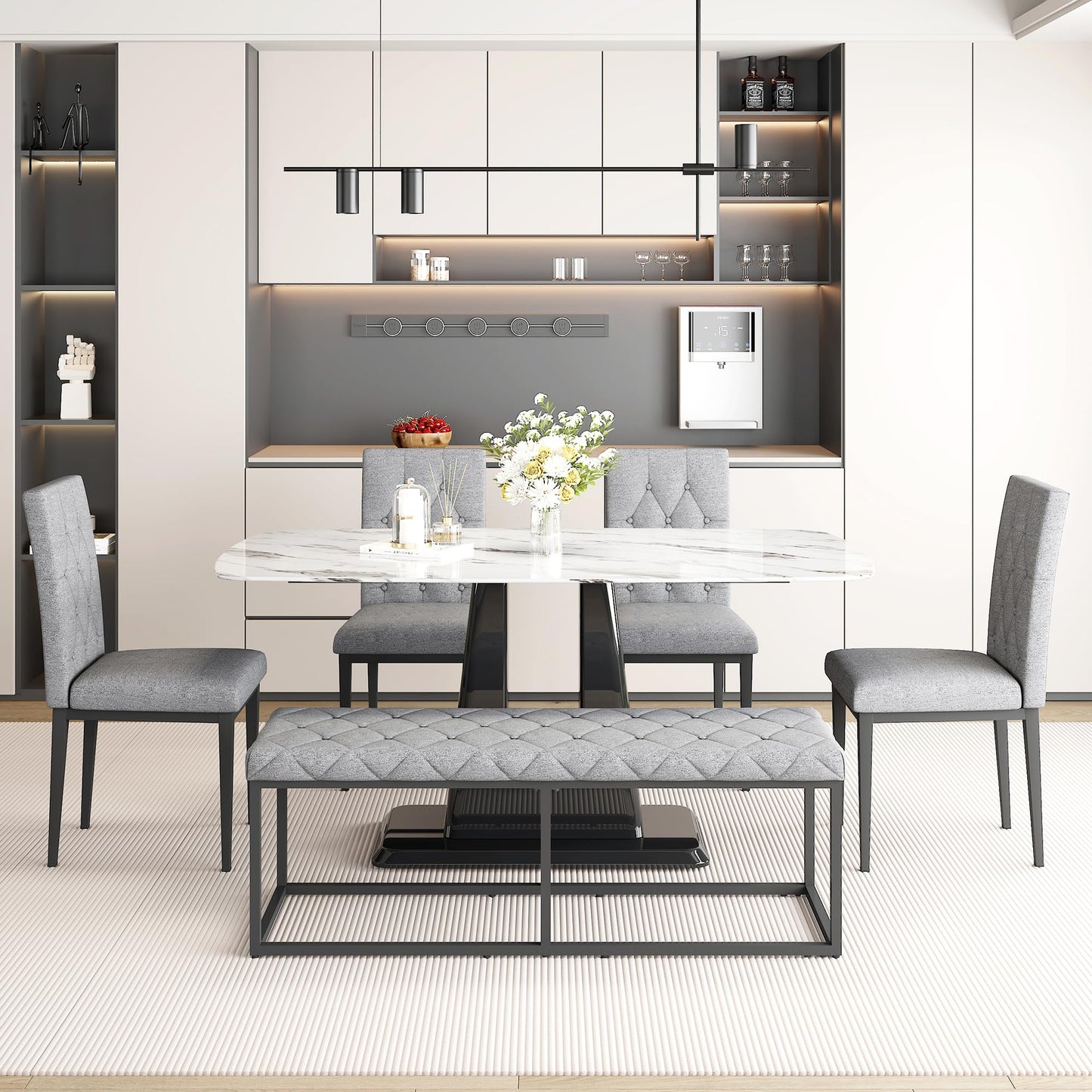Modern Dining Room Table Set for 6,Marble Dining Table Set with Marble Tabletop,Kitchen Table Set with 4 Linen Tufted Chairs 1 Bench,63'' Kitchen Table Chairs Set for 6,6 Piece Dining Room Table Set