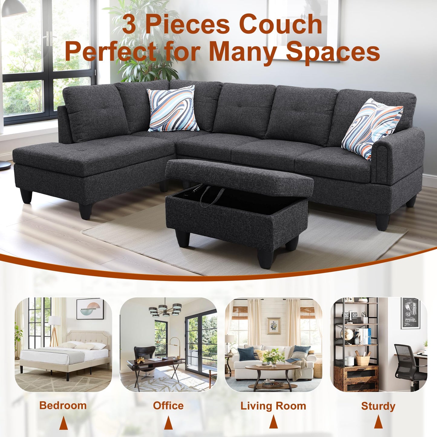 Osparple L Shaped Couch Sectional Couches for Living Room Upholstered Linen Fabric 3 Pieces Modular Sectional Sofa with Chaise, Ottoman with Storage for Small Apartment, Charcoal