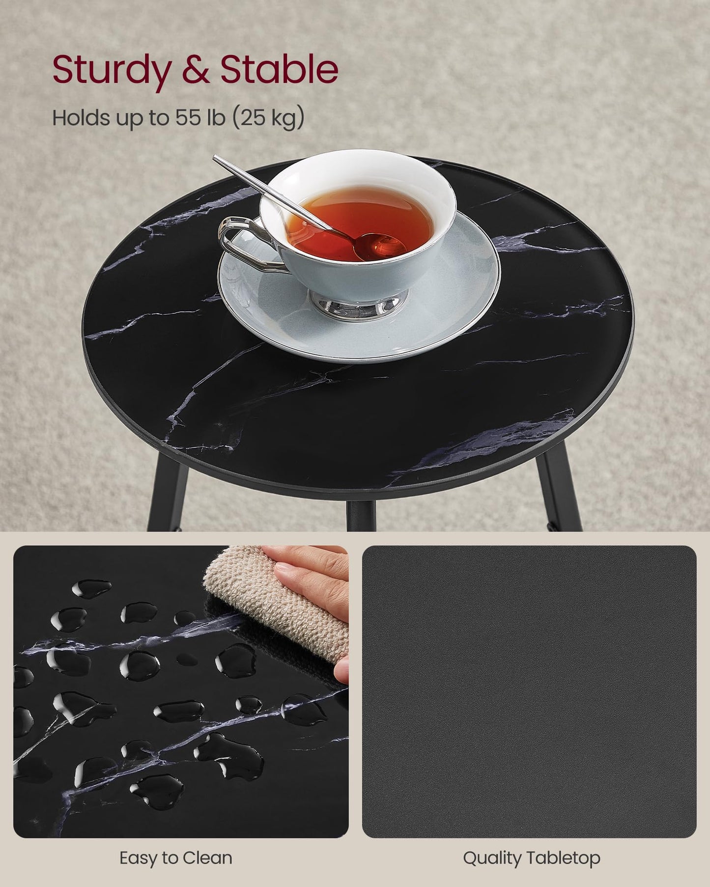 VASAGLE Round Side Table, 2-Tier Nightstand, End Table with Glass Top and Particleboard Shelf, Cocktail Table, for Living Room, Bedroom, Small Spaces, Modern Style, Marble Black ULET287B58