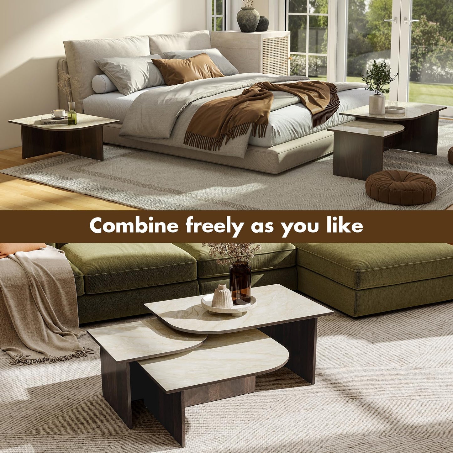 ChicAura Mid Century Modern Coffee Table Set of 3, Nesting Coffee Table with Marble Pattern Tabletop and Solid Wood Legs, Wood Side Tables for Living Room, Walnut