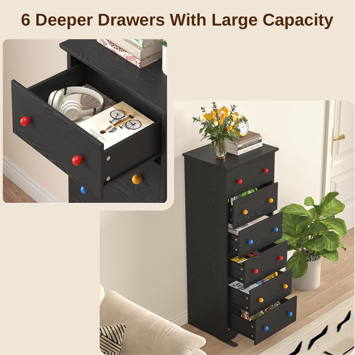 LIKIMIO Tall Skinny Dresser, 6 Drawer Dresser Tall with Colorful Handles, Chest of Drawers for Bedroom, 51.5" H Modern Wooden Storage Cabinet with Metal Sliding Rail, Black