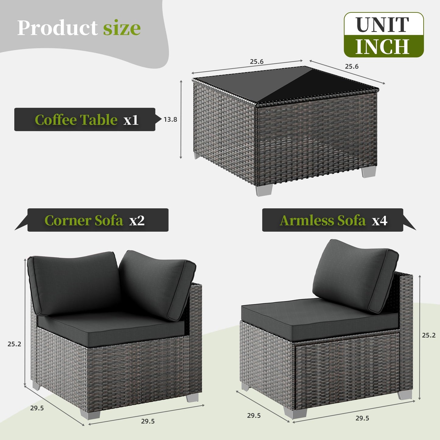 ELEGIBLISS 7 Pieces Patio Furniture Set - Outdoor Sectional Wicker Rattan Furniture with Cushion and Glass Table Patio Conversation Sets for Porch Poolside Backyard Outdoor Sofa Set Modular Sofa