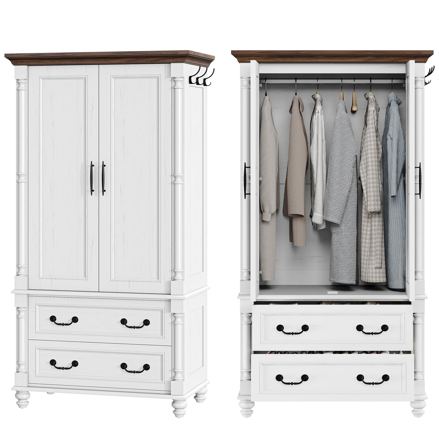 LIKIMIO Farmhouse Armoire Wardrobe Closet with 2 Doors and 2 Drawers, 70" H x 36" W, Large Bedroom Armoire with Roman Column and 3 Hanging Hooks, Wooden Freestanding Closet Cabinet, White