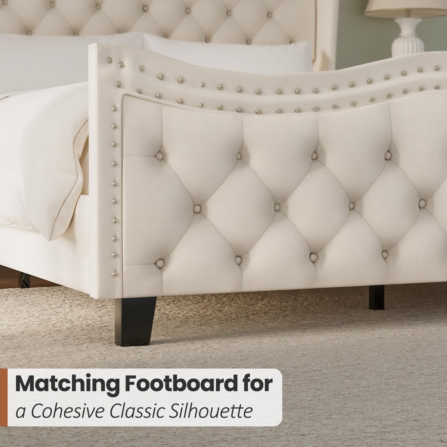 RIHHA Cream Queen Size Upholstered Platform Bed Frame with 50'' Tall Velvet Tufted Curved Wingback Headboard, Wooden Slats, Noise-Free, No Box Spring Needed, Easy Setup