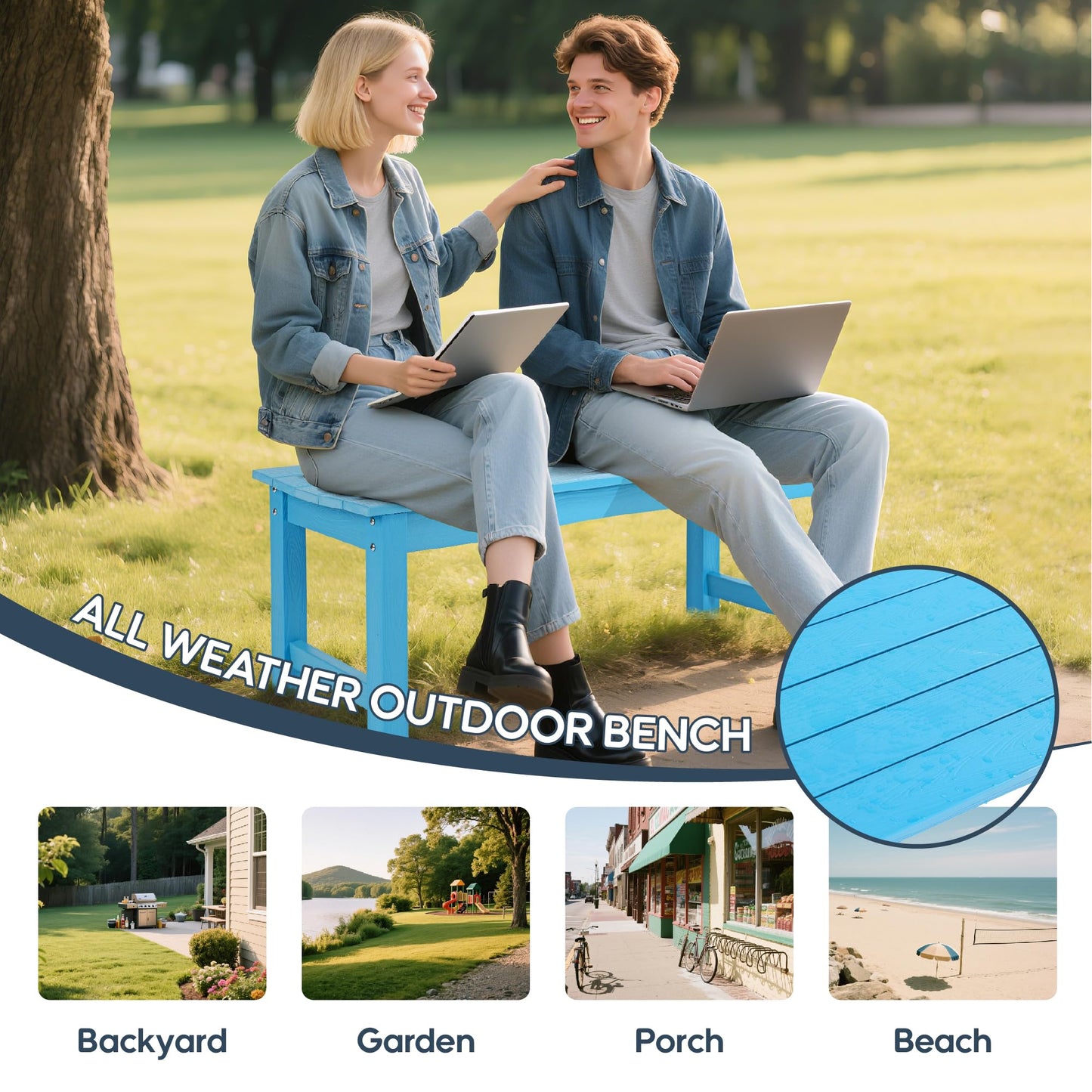 Sunnibety Weatherproof HIPS Outdoor Bench, 2-Person Patio Dining Bench, All-Weather Poly Lumber Garden Bench, Never Rot or Fade, Park Bench with Wood Grains for Porch, Garden, Deck, Entryway, Blue