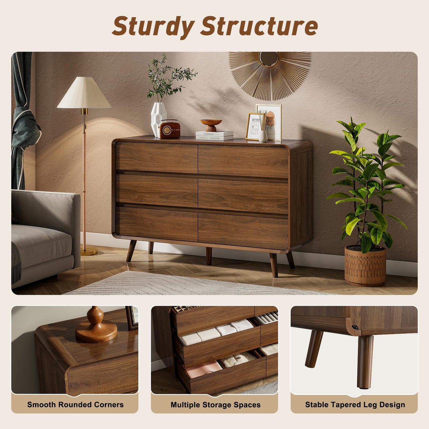 Nasonet 6 Drawer Dresser for Bedroom, Mid Century Modern Dressers & Chests of Drawers, Wood Storage Drawer Dressers for Hallway, Entryway, Walnut