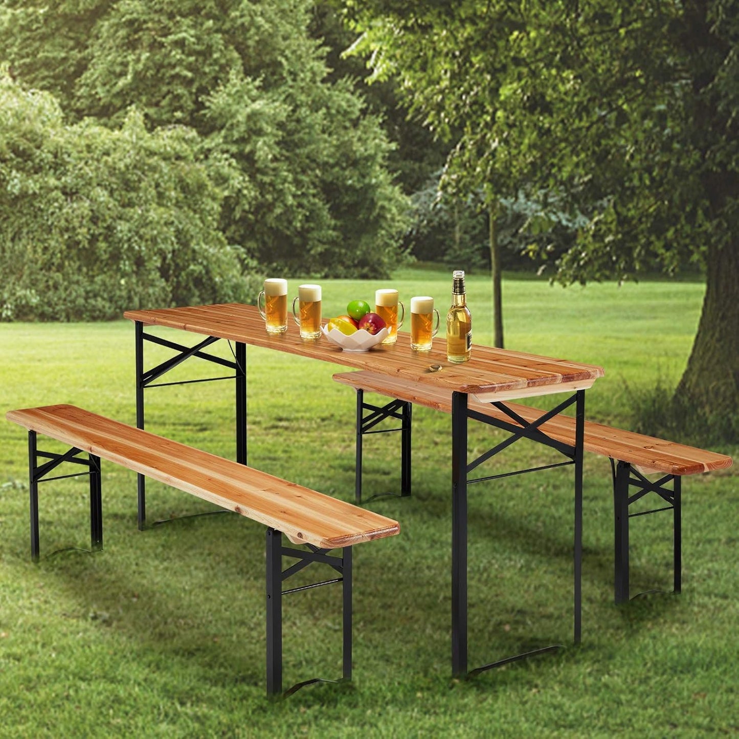 HOMREST Folding Picnic Tables with 2 Benches Set,70" 3-Piece Portable Table for 6-8 Persons，Outdoor Dining Table with Weather-Resistant Wooden and Sturdy Steel Frame for Patio,Party,BBQ and Camp
