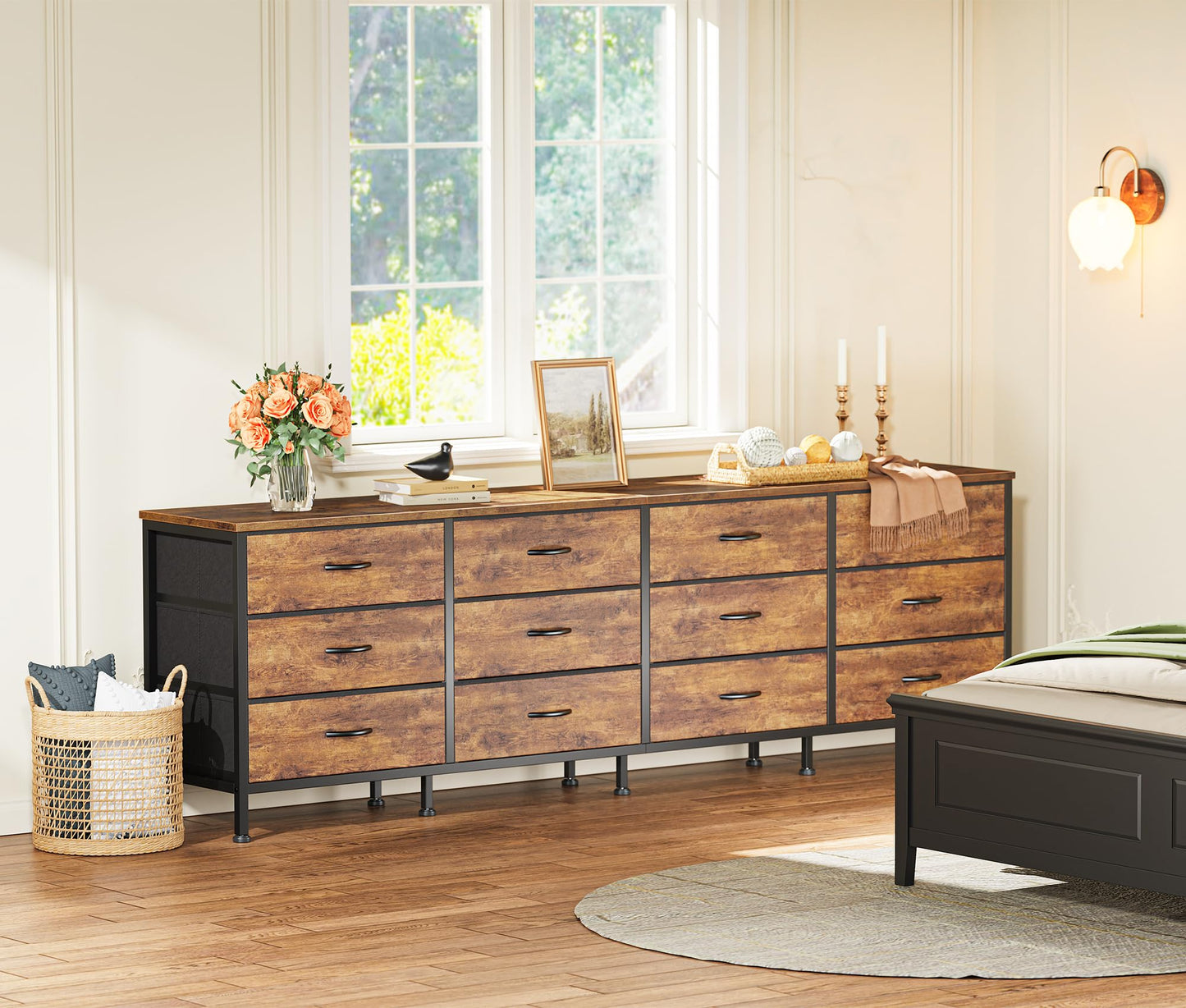 Huuger 70 Inch Dresser for Bedroom, TV Stand for 65, 75, 80 Inch TV, 12 Fabric Drawer Long Dresser, Large Entertainment Center for Bedroom, Wide Chest of Drawer with Storage, Rustic Brown