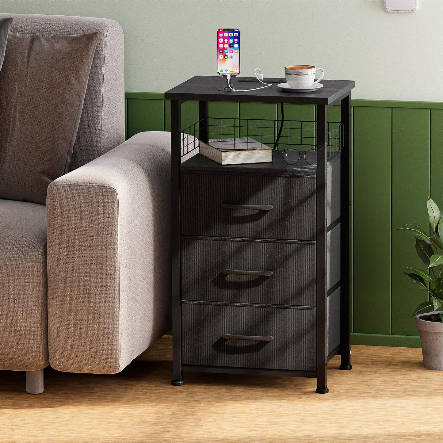 LAKEMID Night Stand Set 2 with Charging Station, End Table Set of 2 with 20 Colors LED Light Strip, 3 Fabric Drawers, Bedside Table with USB Ports and Outlets for Bedroom (Black)