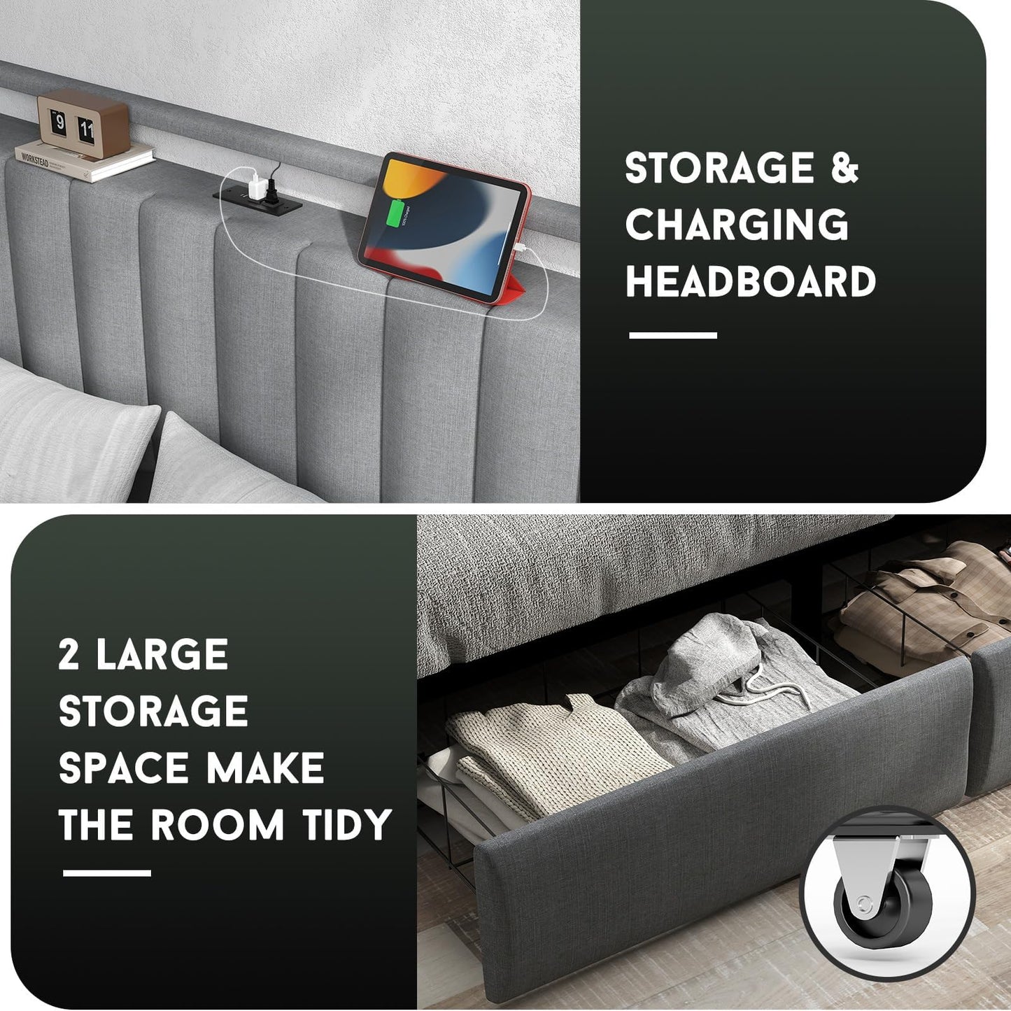 Queen Bed Frame with Headboard and 2 Storage Drawers, Platform Bed Frame Queen Size Upholstered with LED Lights and Charging Station, Steel Slat Support, No Box Spring Needed, Easy Assembly, Gray