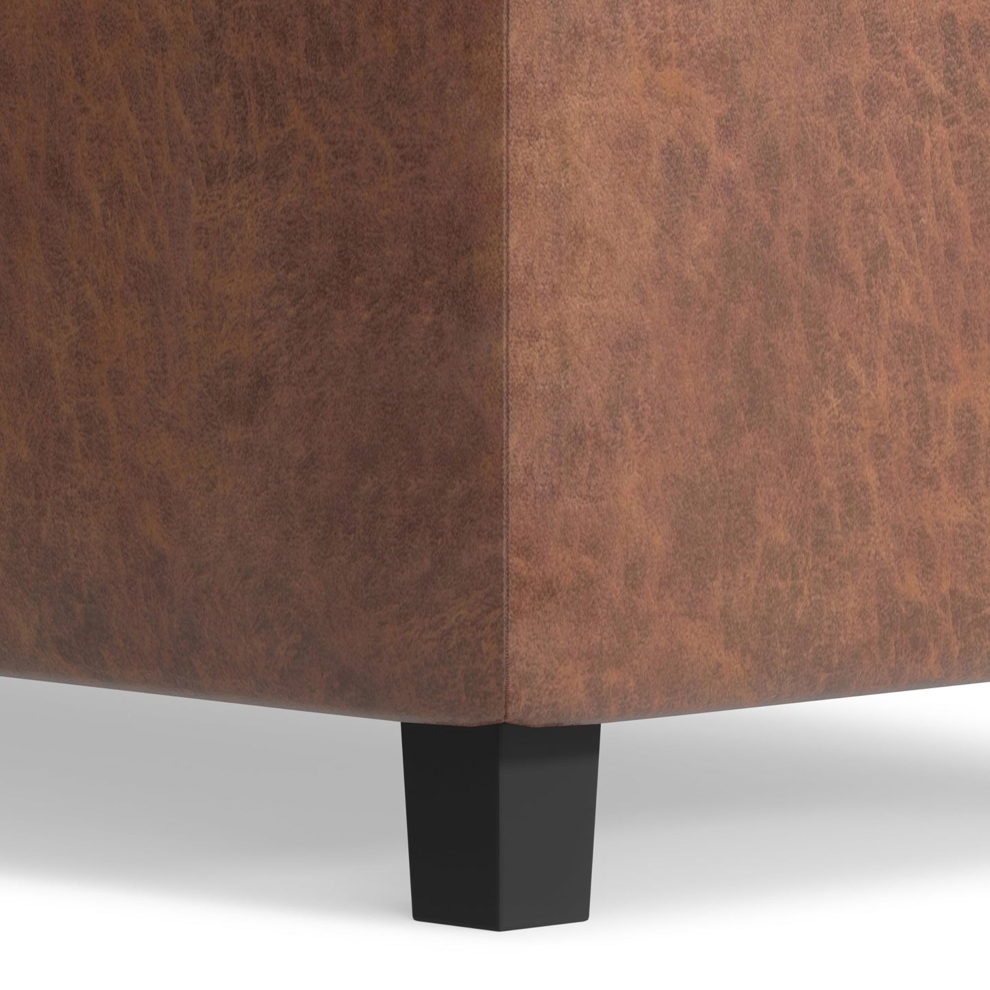 SIMPLIHOME Cosmopolitan 34 inch Wide Transitional Rectangle Storage Ottoman in Distressed Saddle Brown Vegan Faux Leather, Assembled, For the Living Room, Entryway and Family Room