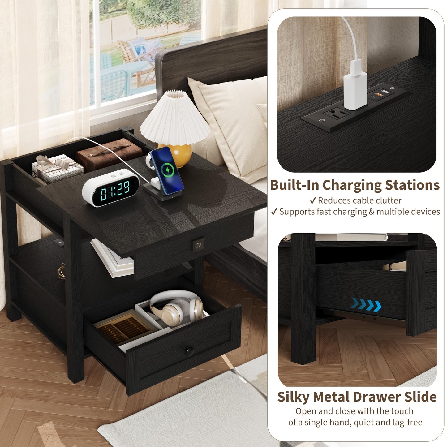 Rresyet End Table with Fingerprint Lock, Side Table with Extendable Top & Built-in Power Outlets & Drawer, Wooden Storage Nightstand for Home & Office (Black)