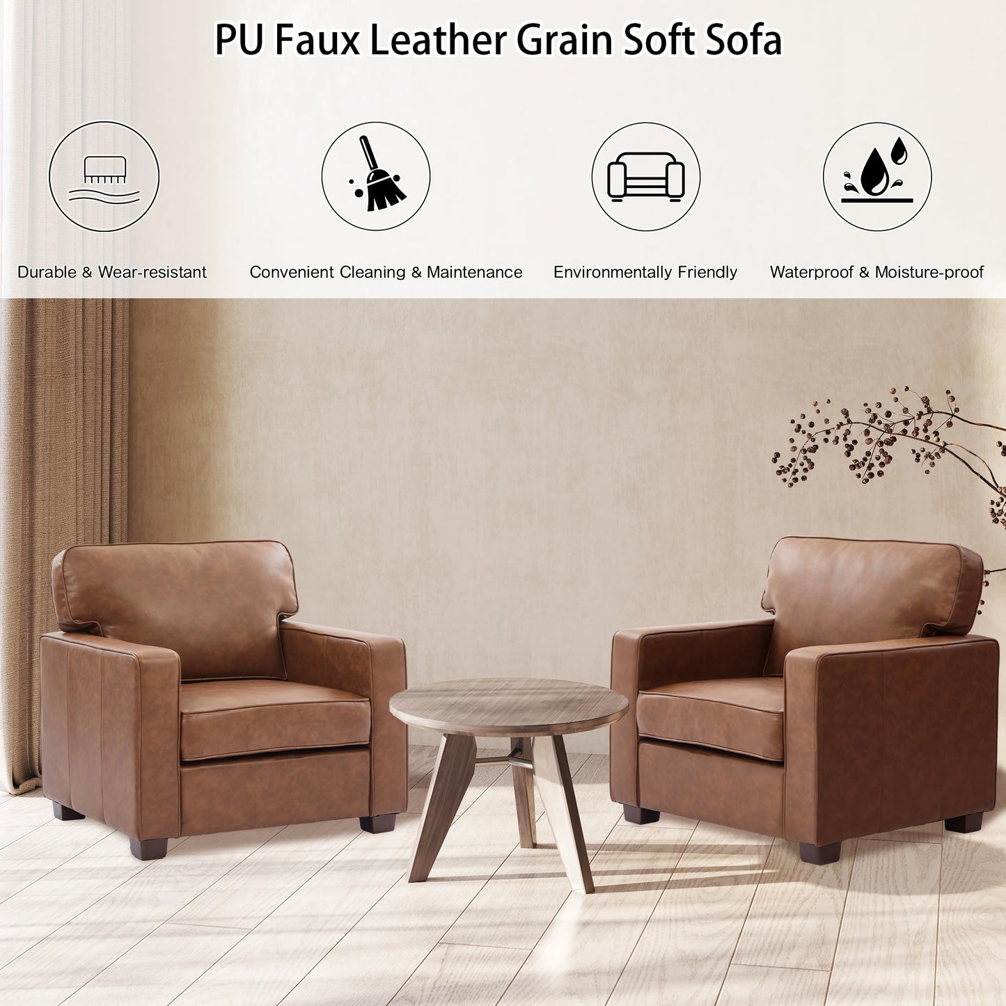 HXZDZ 83" PU Faux Leather Couch, Mid-Century Modern 3-Seat Sofa with Solid Wood Legs for Living Room, Bedroom, Office, Brown