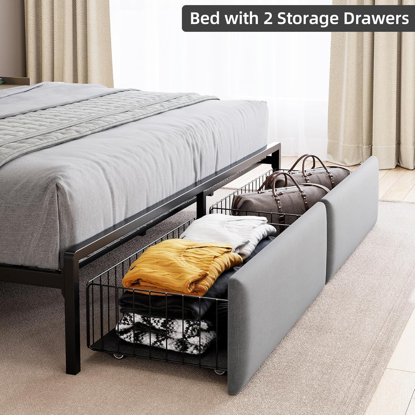 GAOMON King Size Bed Frame with Storage Headboard and Charging Station, Metal Platform Bed Frame with 2 Storage Drawers and LED Lights, Noise-Free, No Box Spring Needed, Rustic Grey