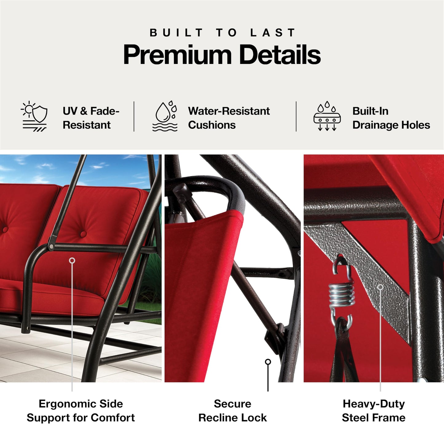 Porch Swing - 3-Seat Patio Outdoor Swing with Canopy for Adultes, Convertible Glider Bed, Thick Removable Cushions & Pillows for Backyard, Porch, Garden - Burgundy