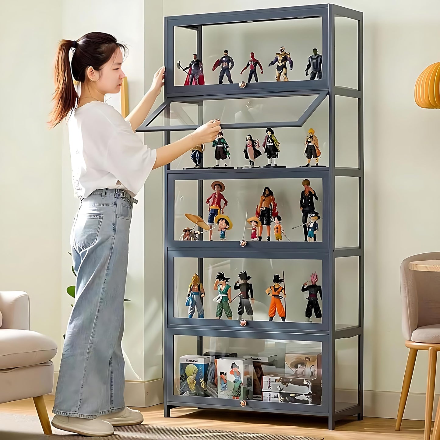 ouioyggk Display Cabinet with Acrylic Glass Door, 5-Tier Curio Display Case, Collectibles Toy Organizers Rack & Display Shelf, Kids Bookcase for Home, Office, Playroom, Living Room, Grey