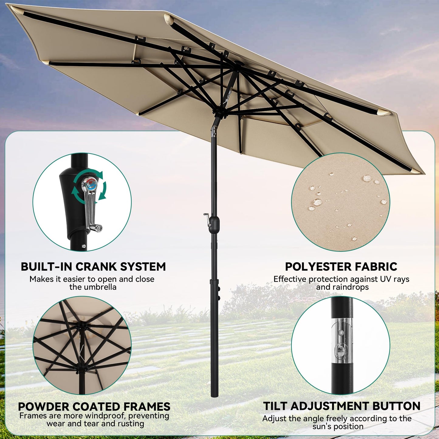 YITAHOME 6 Piece Patio Dining Set w/10ft Umbrella, 4-Person Outdoor Dining Set w/Tempered Glass Tabletop & 4 Dining Chairs, Outdoor Patio Dining Set for Deck Lawn Porch