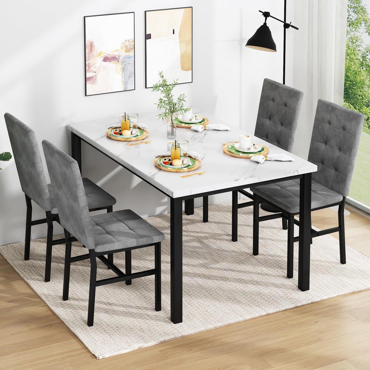 Hooseng Dining Room Table Set 5 Piece Dining Table Set Marble Dining Table 4 Chair Dining Table Set for Kitchen Living Room Breakfast Small Spaces (Grey)