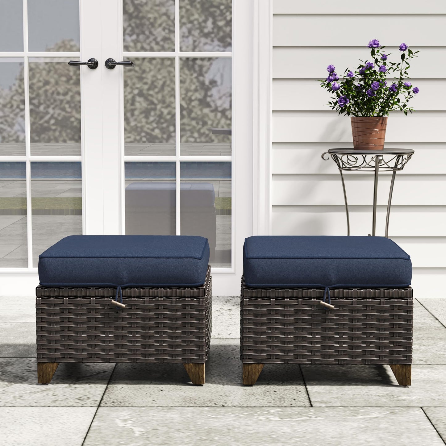 MeetLeisure 2 Pieces Patio Outdoor Ottomans with Removable and Washable Covers，PE Rattan Wicker Footstools for Porch, Garden, Sunroom (Navy Blue)