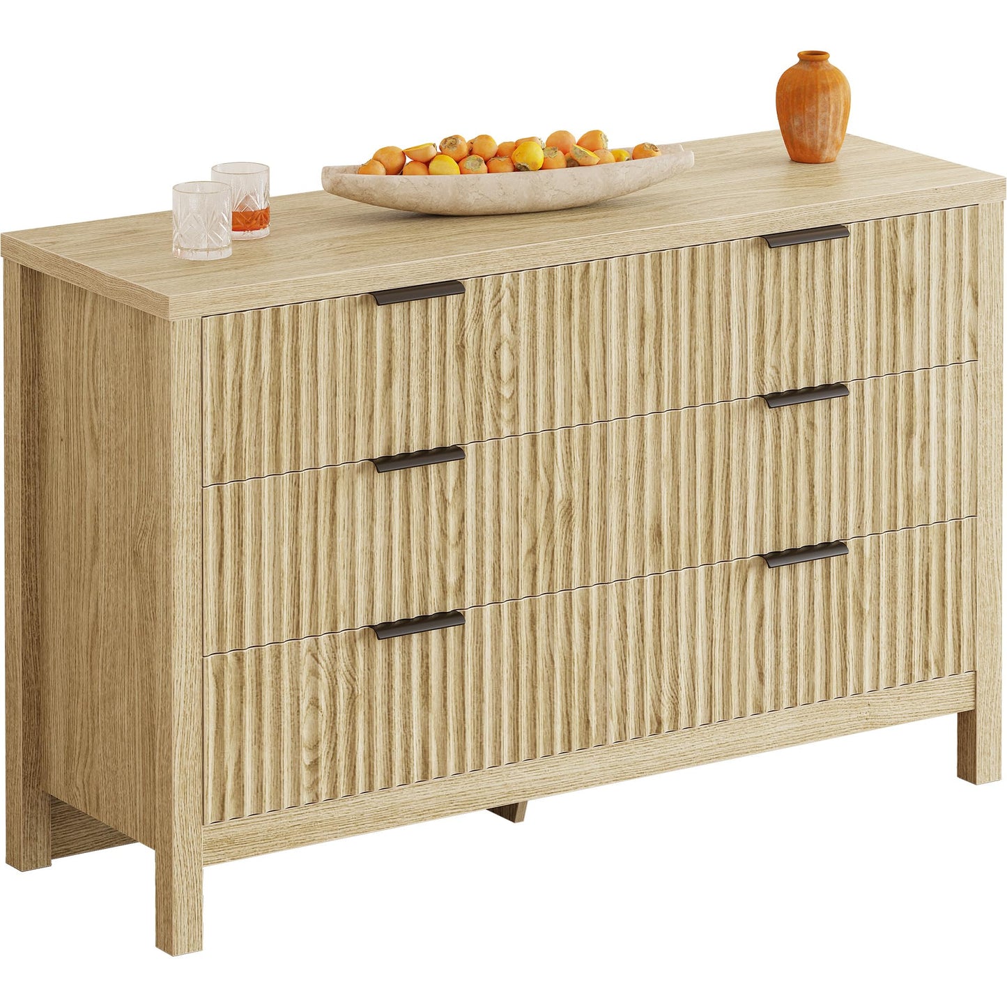 LIKIMIO Fluted 6 Drawers Dresser for Bedroom, 47" Wide Modern Chest of Drawers Closet Dressers, Wooden Dresser Storage Organizer for Living Room, Entryway, Hallway, Natural Oak