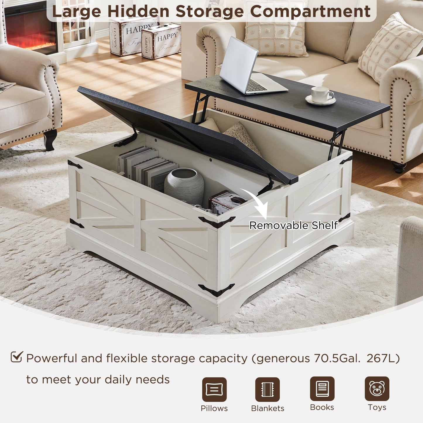 JXQTLINGMU Farmhouse Lift Top Coffee Table with Storage, 36" Wood Square Center Table with Large Hidden Compartment, Rustic Lift Tabletop Dining Table for Home Living Room, White