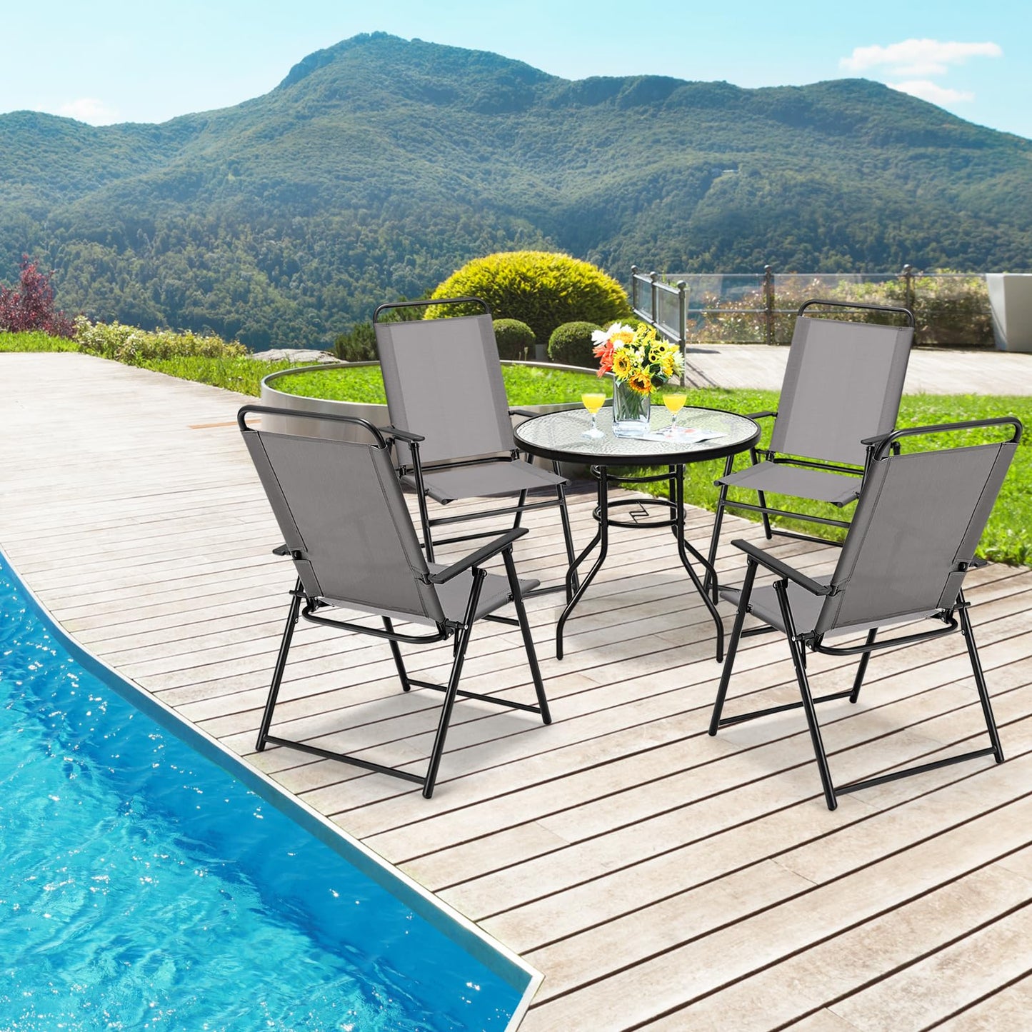 Giantex Patio Chairs Set of 4, Outdoor Folding Chairs with Armrests, Metal Frame, Outside Foldable Dining Chairs for Lawn Deck Porch Beach Yard (Gray & Black)