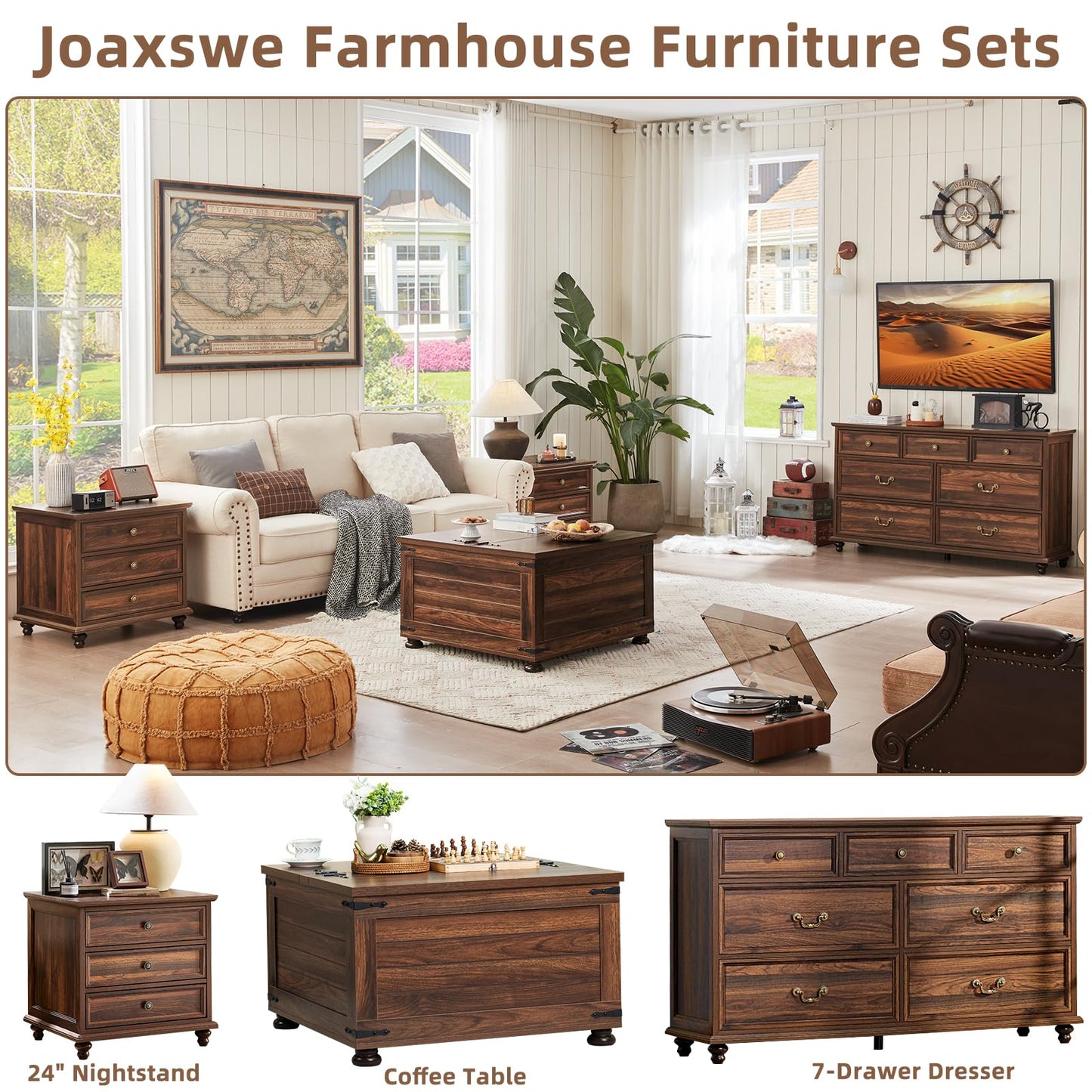 Joaxswe 24" Wide Farmhouse Night Stand Set of 2,Large End Table with 3 Drawers & Metal Handle,Brown Wood Dresser for Bedroom Cabinet, Bed Side Table Chest of Drawers,Nightstand for Living Room,Closet