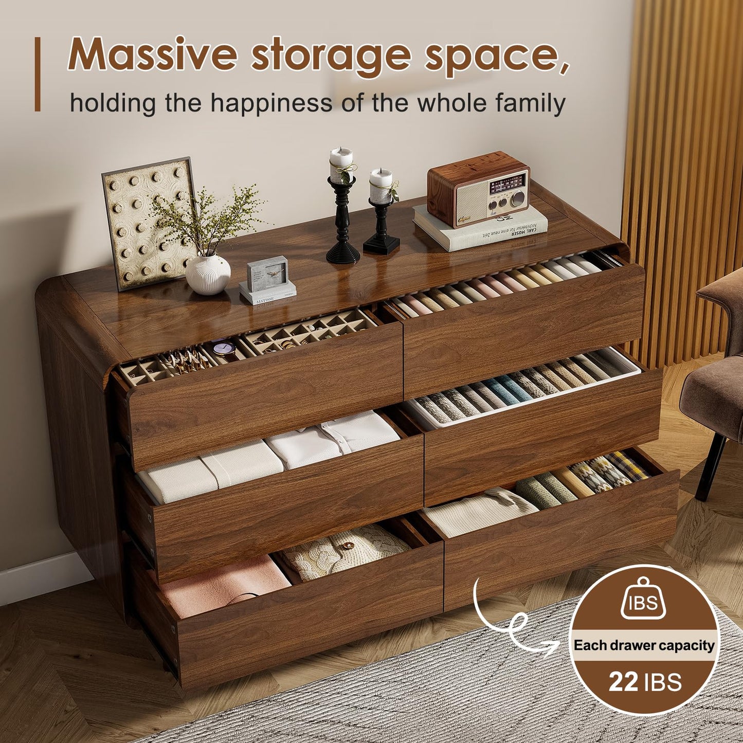 Nasonet 6 Drawer Dresser for Bedroom, Mid Century Modern Dressers & Chests of Drawers, Wood Storage Drawer Dressers for Hallway, Entryway, Walnut