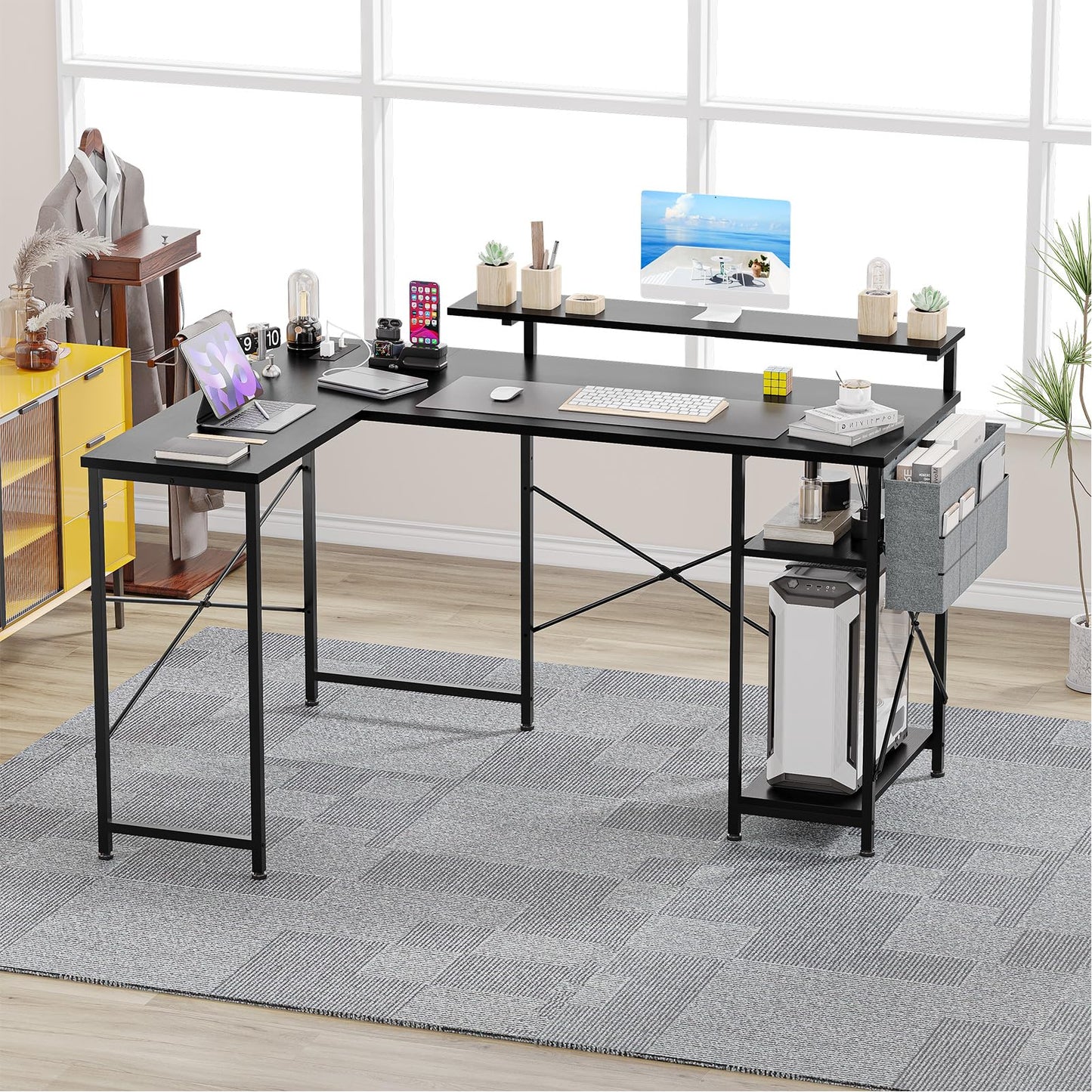 Takywep 54 inch Gaming Desk, Reversible L Shaped Desk, Corner Computer Desk with Monitor Stand, Power Outlets, LED Lights and Storage Shelves for Home Office, Bedroom, Writing Workstation (Black)