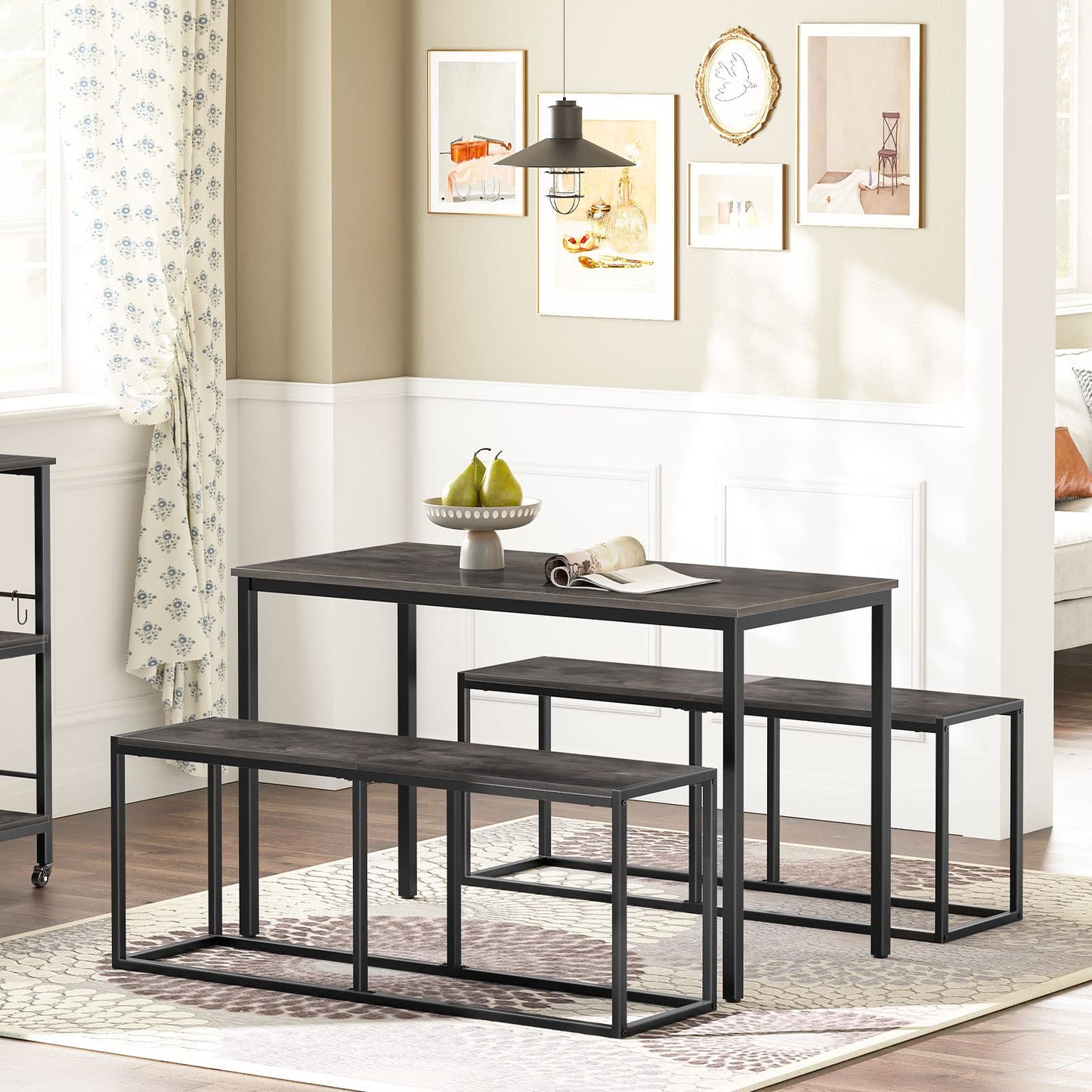 HOOBRO Dining Bench, 47.2 Inch Industrial Style Kitchen Table Bench, Steel Frame, Easy to Assemble, for Kitchen, Dining Room, Charcoal Gray and Black BC12CD01