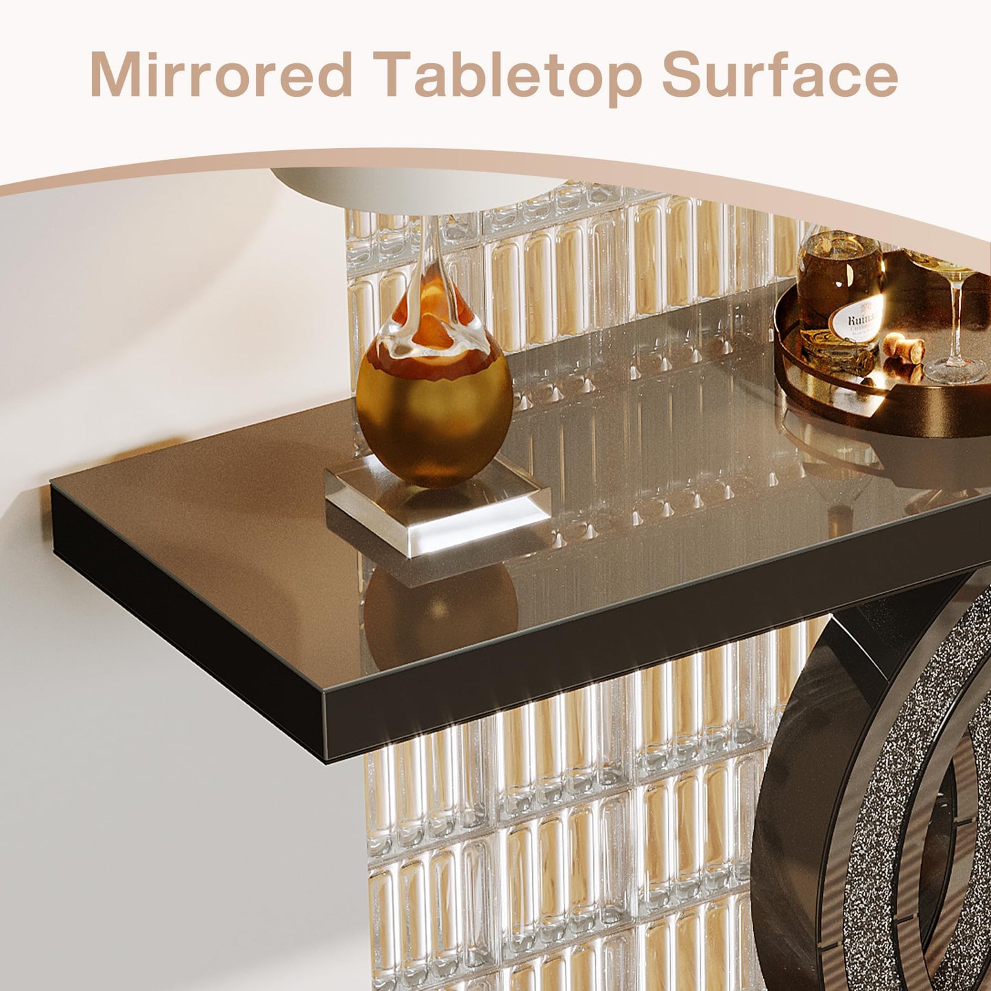 Mirrored Console Table, 39 Inch Modern Glass Entryway Table with C-Shaped Base, Black Finish Hallway Sofa Table for Living Room