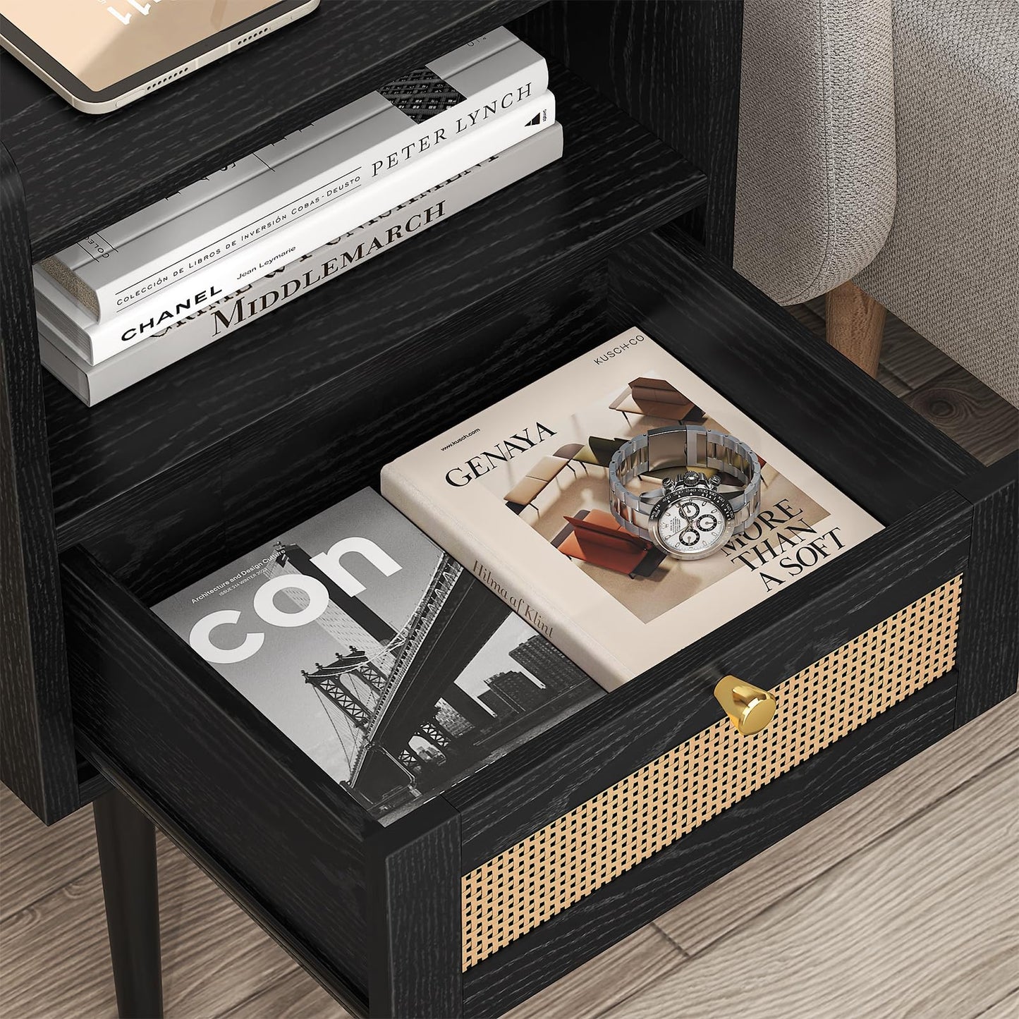 Night stand Set of 2, Bedside Tables with Charging Station, Rattan End Tables, Bed Side Tables, Wood Nightstands set of 2 for Farmhouse Kids' Room Bedroom Living Room Dorm Sofa Office Corner(Black)