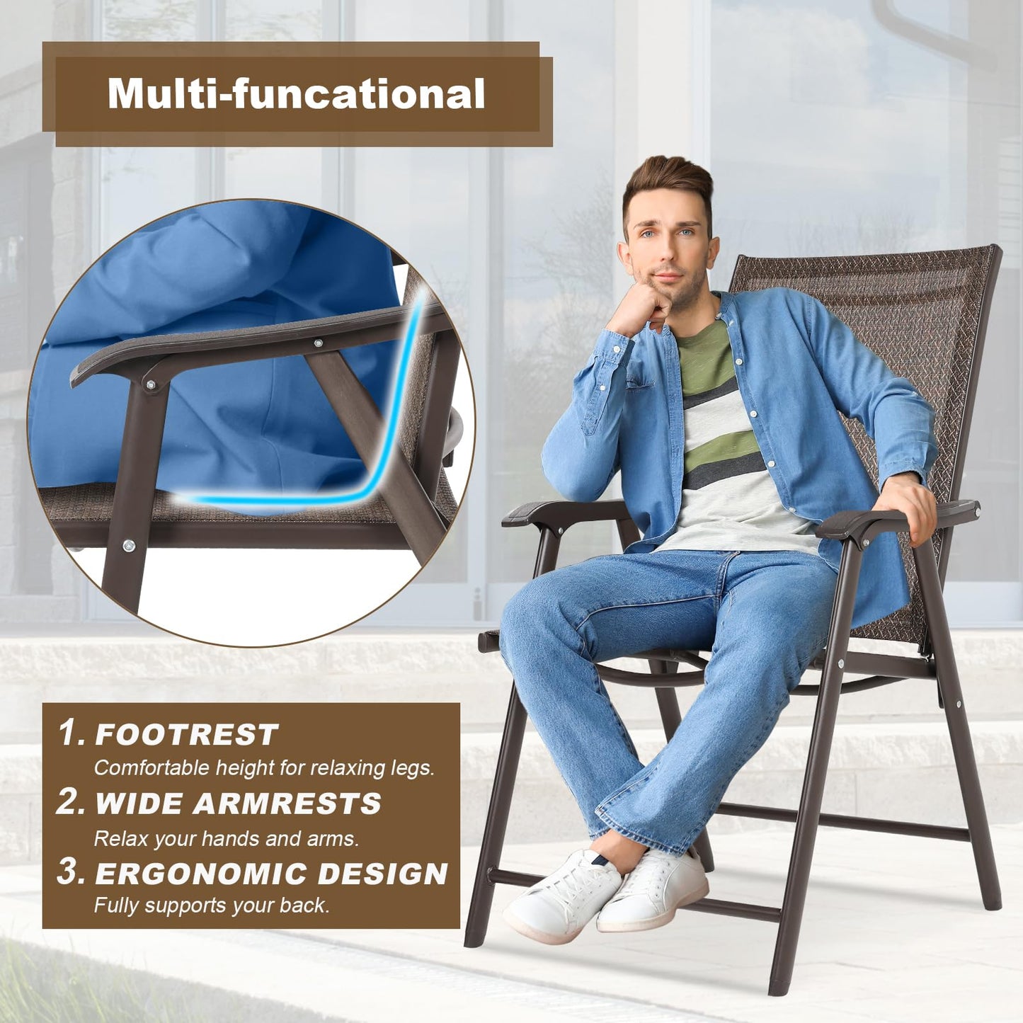 Aoodor Folding Patio Dining Chairs Textilene Fabric, Outdoor Steel Frame for All Weather Use, Fit for Porch, Lawn, Yard, Set of 4, Brown