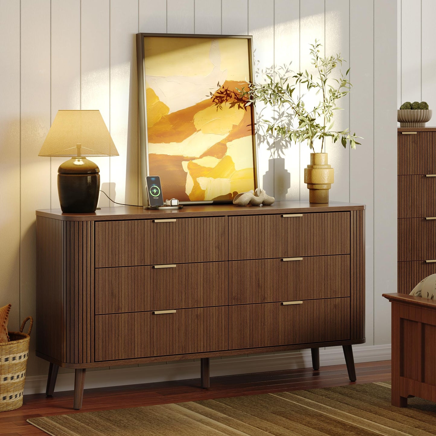 Fluted 6 Drawer Dresser with Charging, 57" Wide Wood Dresser TV Stand, Mid Century Modern Long Dressers with Curved Profile Design for Closet, Bedroom Living Room, Hallway, Entryway, Home Office