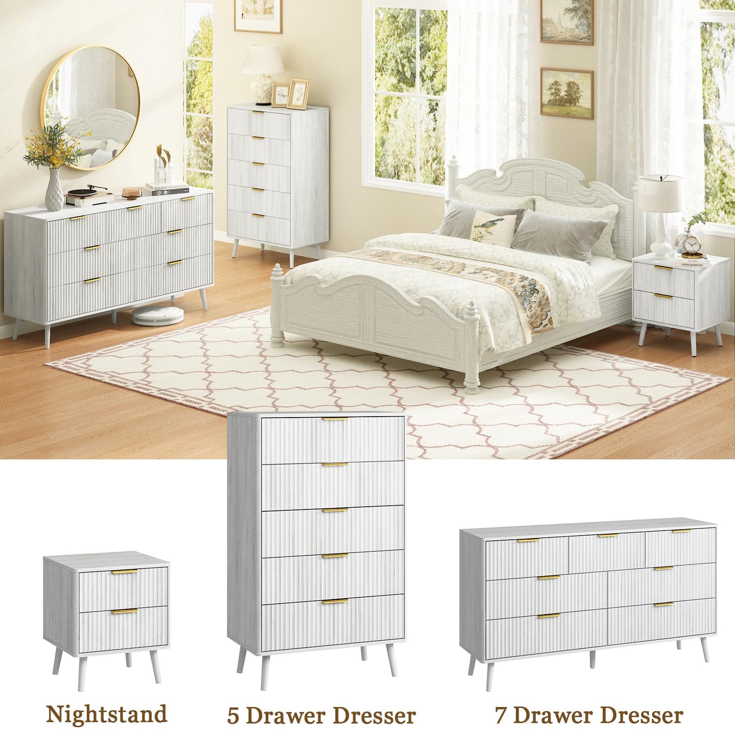 CARPETNAL Fluted 7 Double Drawers White Dresser for Bedroom, 55”Wide Modern Chest of Drawers with Deep Drawers,Wood Drawer Organizer for Bedroom Living Room, Hallway, White