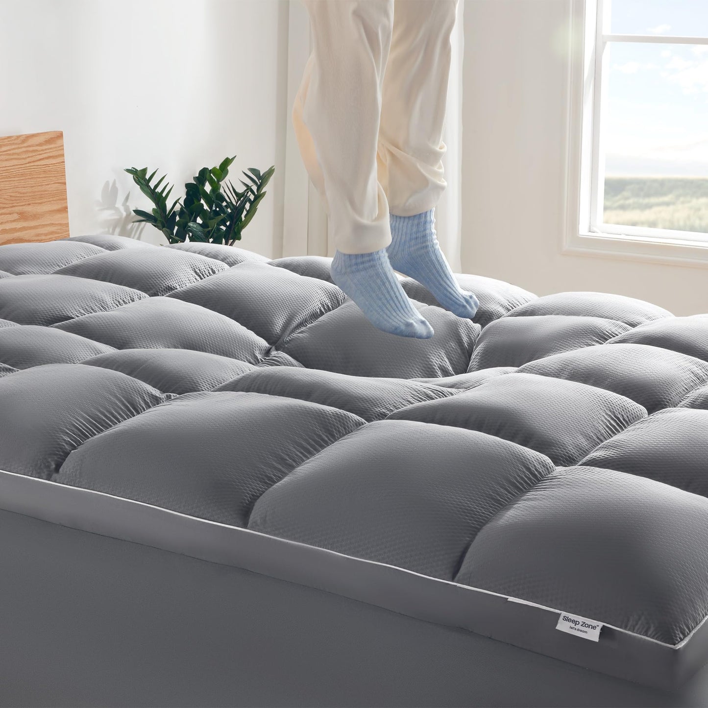 SLEEP ZONE Mattress Topper Queen Size, Extra Thick Fitted Mattress Pad for Back Pain, Plush and Support Mattress Cover, Deep Pockets Mattress Protector, Hotel Quality (Grey, Queen)