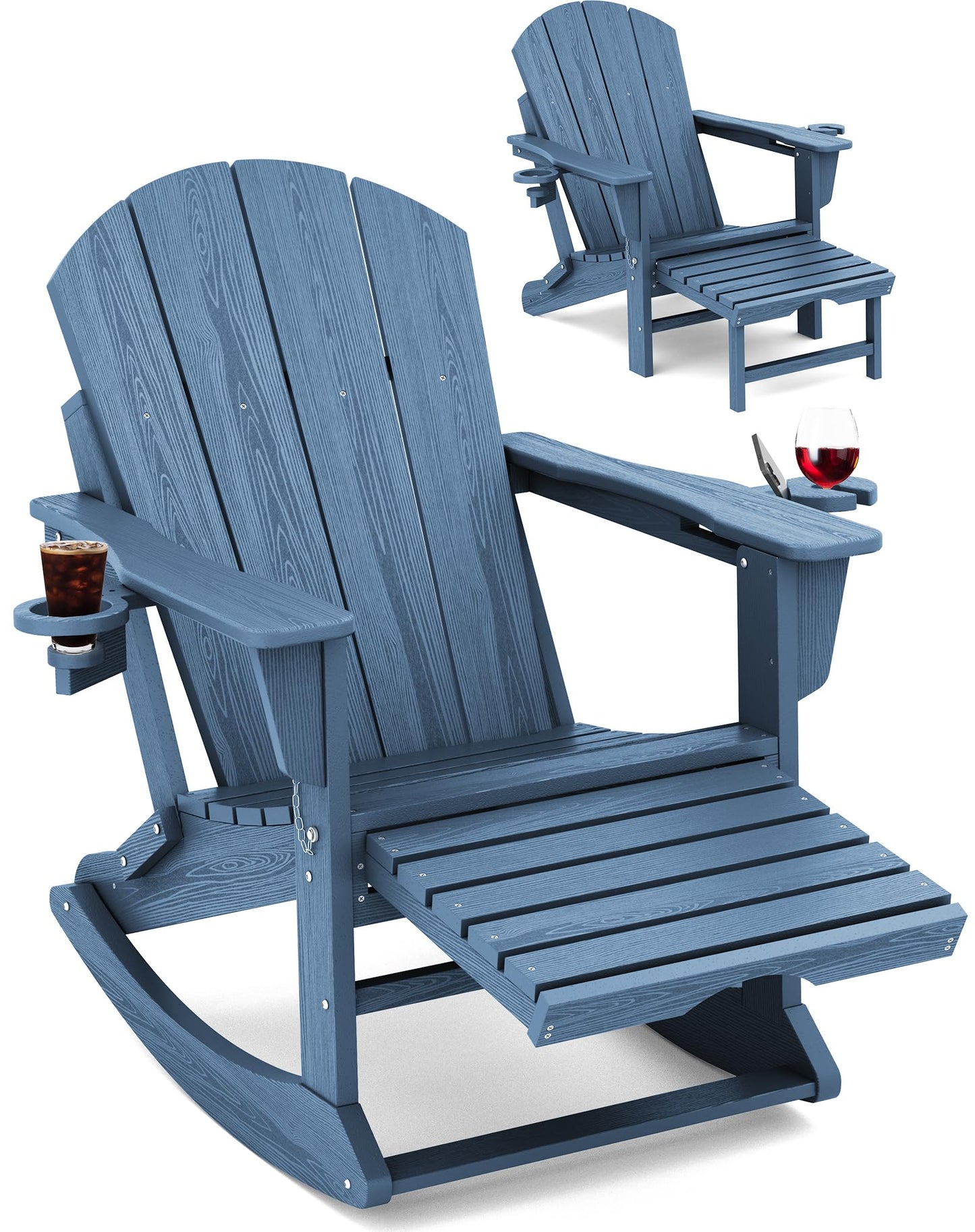 KINGYES Adirondack Rocking Chair with Retractable Ottoman and Cup Holders, HDPE Adirondack Rocker Patio Rocking Chair for Porch, Patio, Balcony, Deep Blue