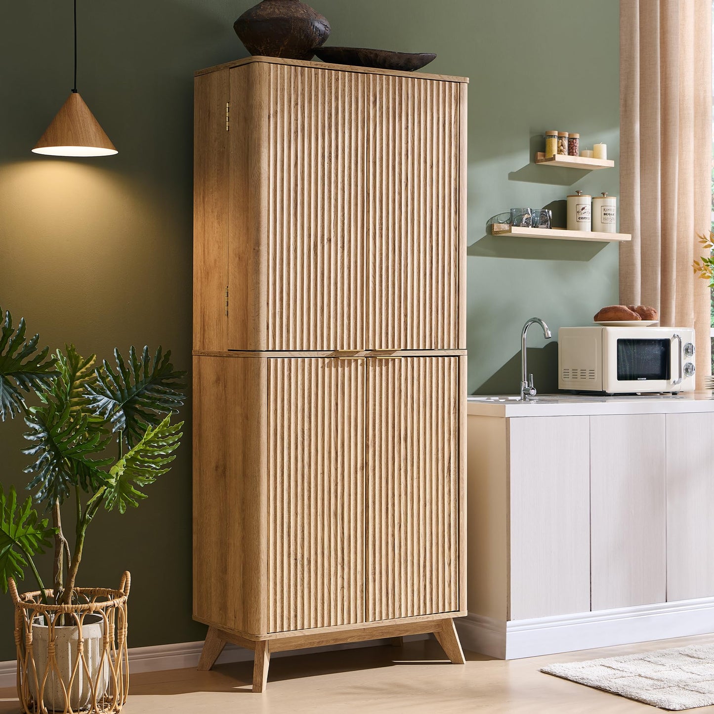 OKD Fluted Kitchen Pantry, 72" Tall Mid Century Modern Storage Cabinet with Adjustable Shelves & Door Organizer, Wood Cabinet for Kitchen, Living Room, Natural Oak