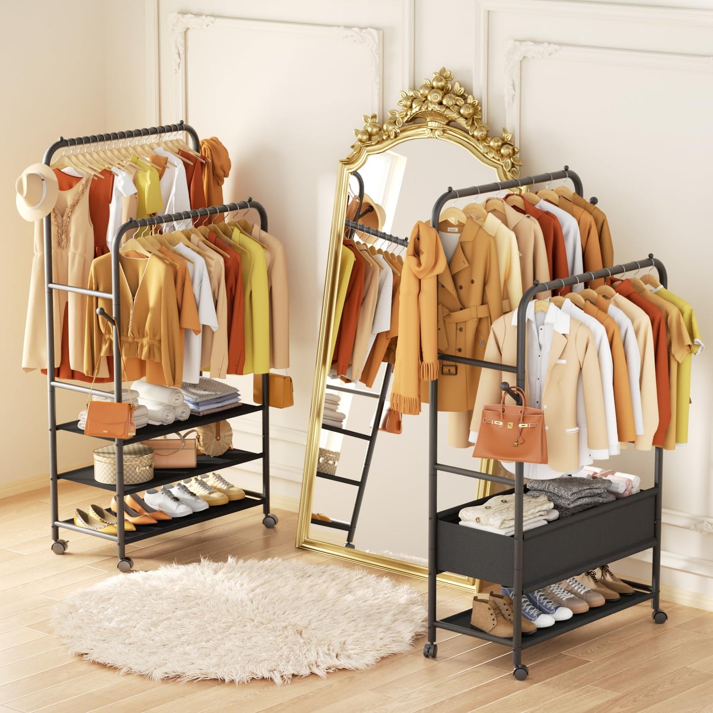 Furologee Clothes Racks for Hanging Clothes, Portable Rolling Garment Rack, Sturdy Metal Freestanding Cloths Racks with Wheels, Double Rods Wardrobe Rack for Bedroom Laundry Living Room