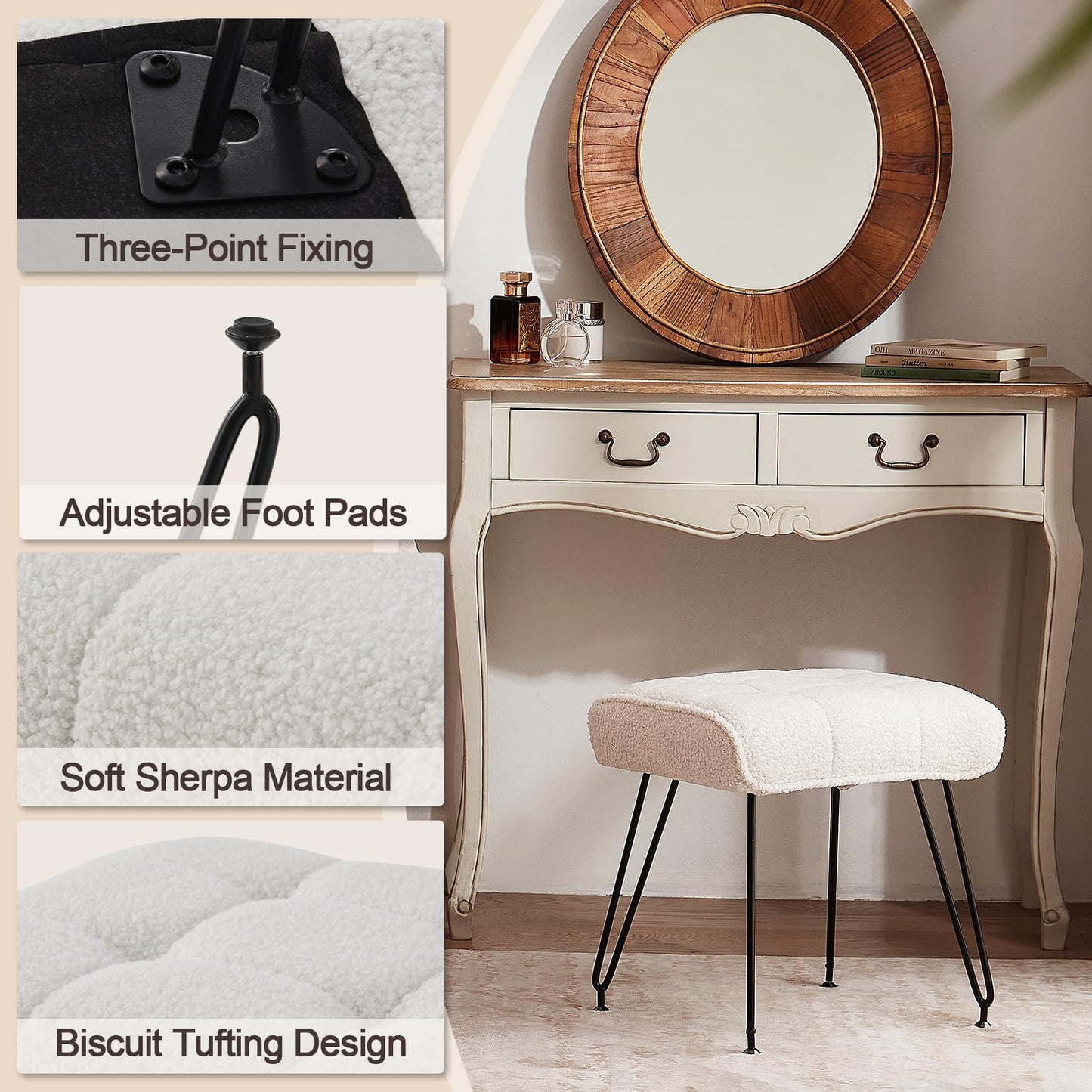 EBENCHICO Sherpa Vanity Stools, Teddy Fur Foot Stools Ottoman with Metal Leg Vanity Stool Chair with Padded Seating Make up Chairs for Small Bench Seat for Living Room Bedroom (Cream White)