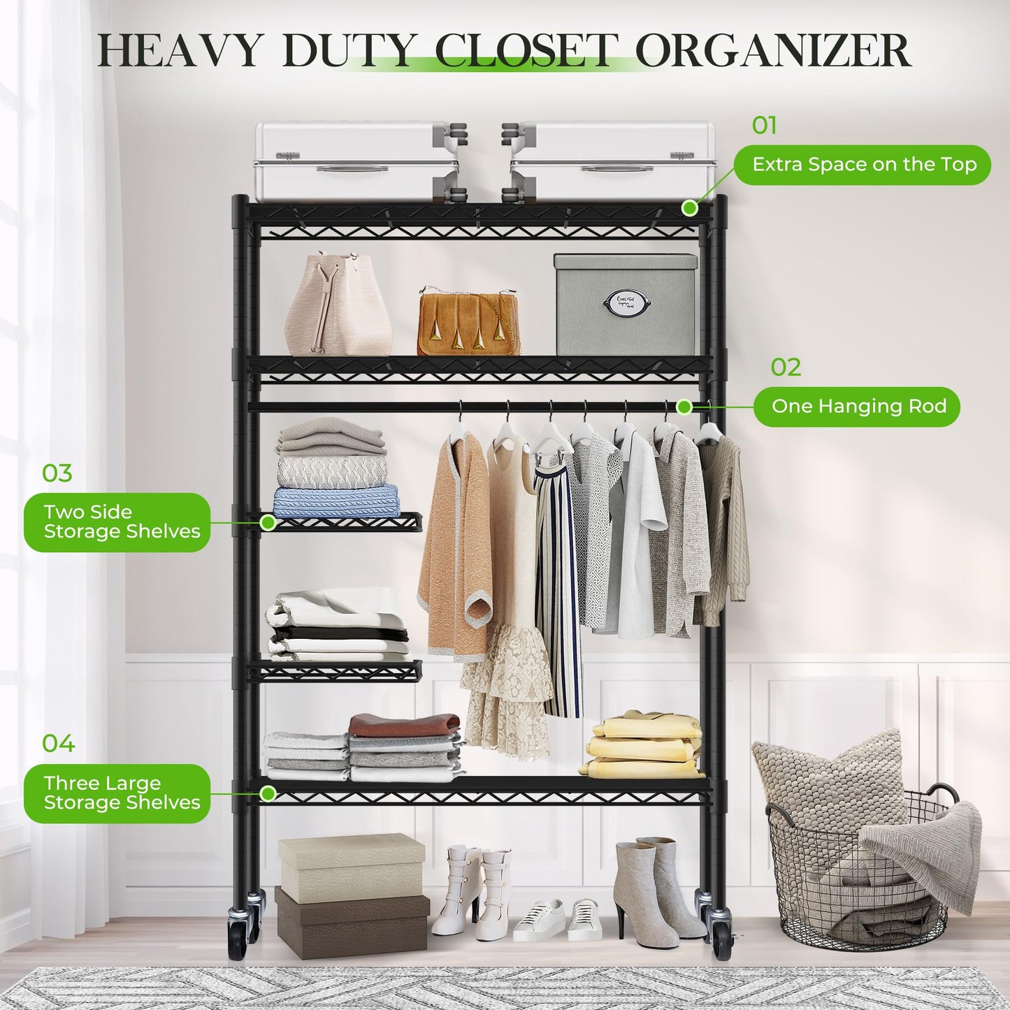 JS HOME Heavy Duty Garment Rack, Free-Standing Rolling Clothes Rack with Fitted Grey Oxford Cover, Extra Large Wardrobe Storage Rack/Organizer