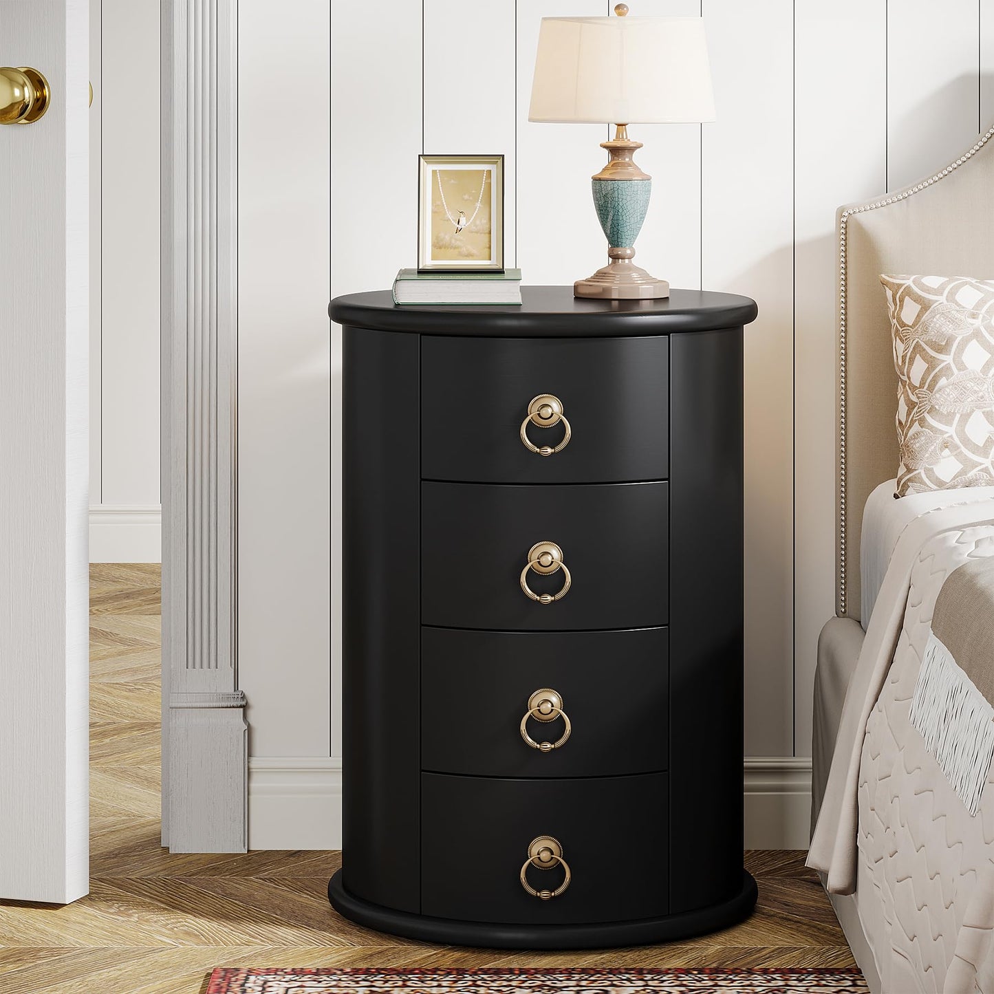 Tribesigns Solid Wood Nightstand, Round Night Stand with 4 Drawers, Rustic Bedside Table Tall Nightstand for Bedroom, Living Room, No Assembly Required (2, Black)