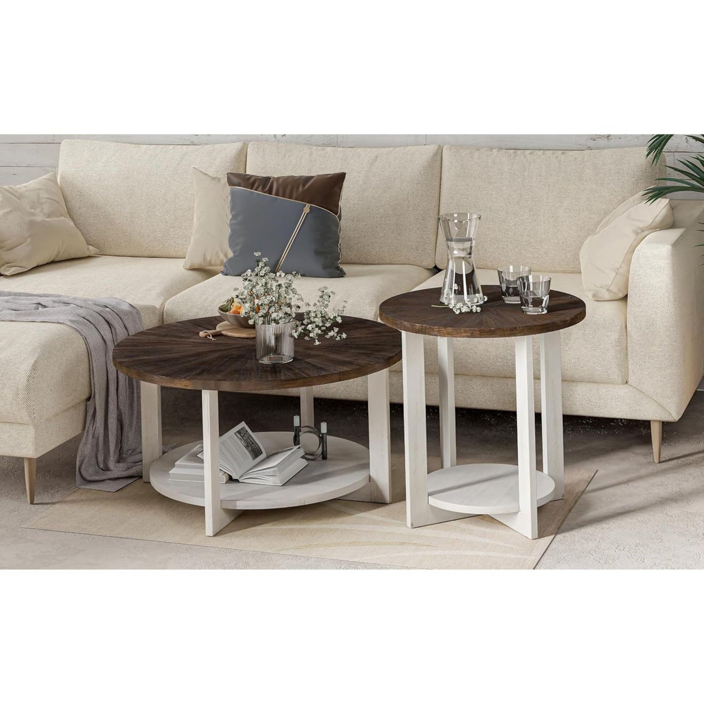 COZAYH Round Wood Coffee Tables with Storage, Rustic Farmhouse Coffee Table with Distressed Wood Top, Large Circle Table for Living Room, Brown, 32Dx32Wx19.5H in