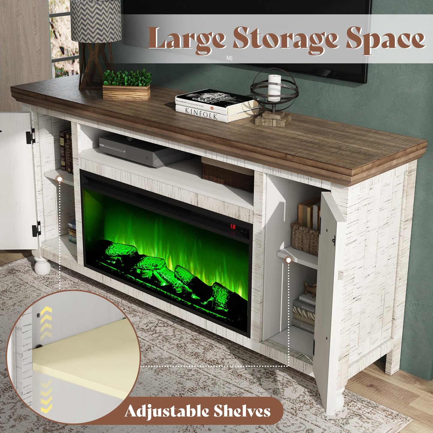 AMERLIFE 70”Fireplace TV Stand for TVs up to 75”, Farmhouse Entertainment Center with 36”Electric Fireplace Insert, Solid Wood Media Console with Storage, Distressed White